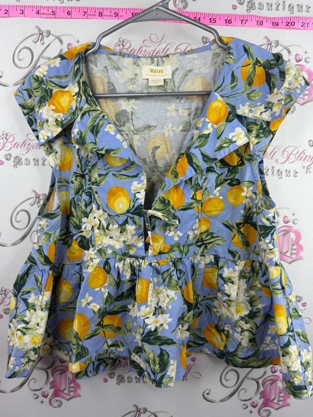Maeve Anthropologie shirt Blue Lemon Floral Ruffle Peplum Short Sleeve Top